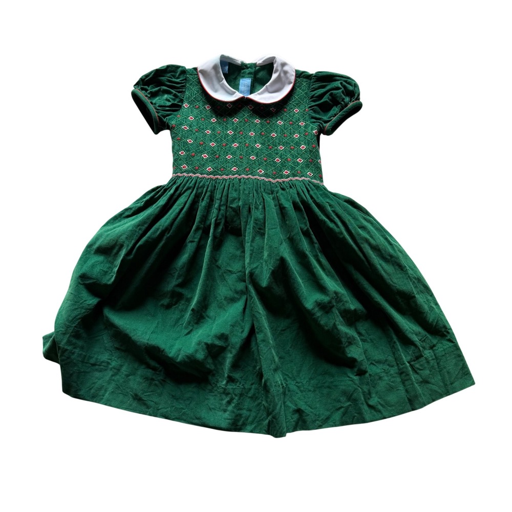 ANAVINI Dress Green Corduroy Hand Smocked Christmas Girl's Size Small FLAWED